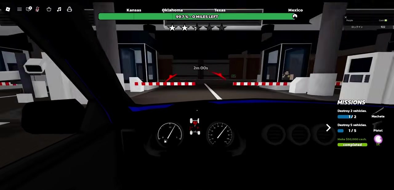 Mexico border gate with lowered barriers and 2m 00s defense timer at 99.7 percent on the south HUD