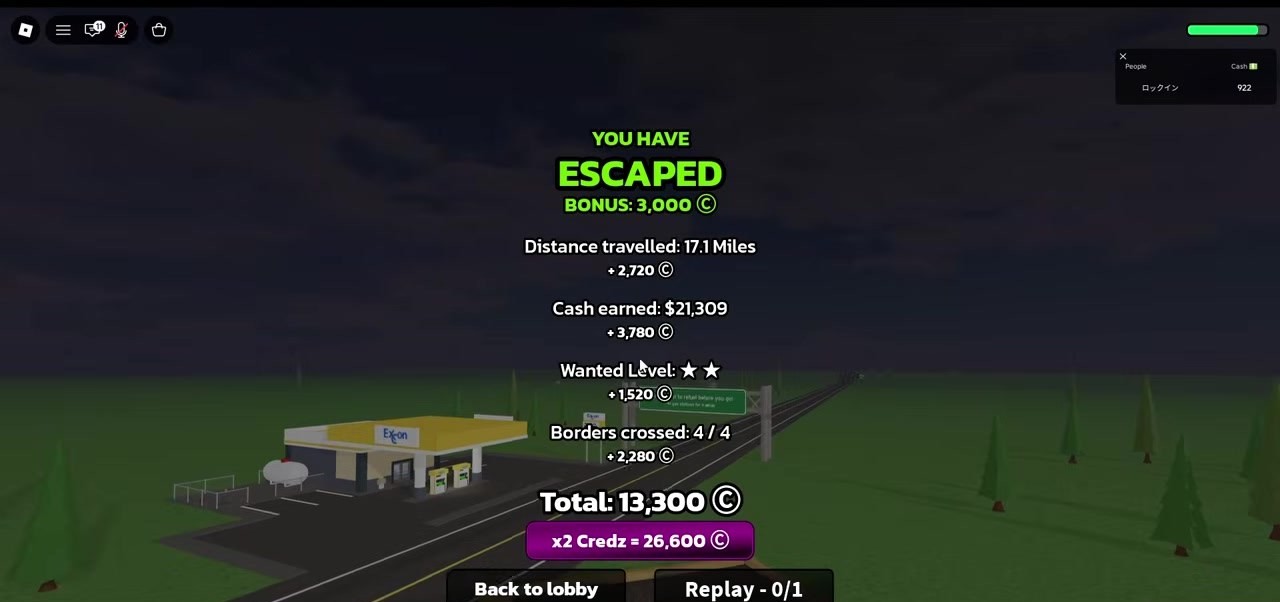 Escape summary YOU HAVE ESCAPED with borders crossed 4/4 Credz breakdown and International Fugitive badge