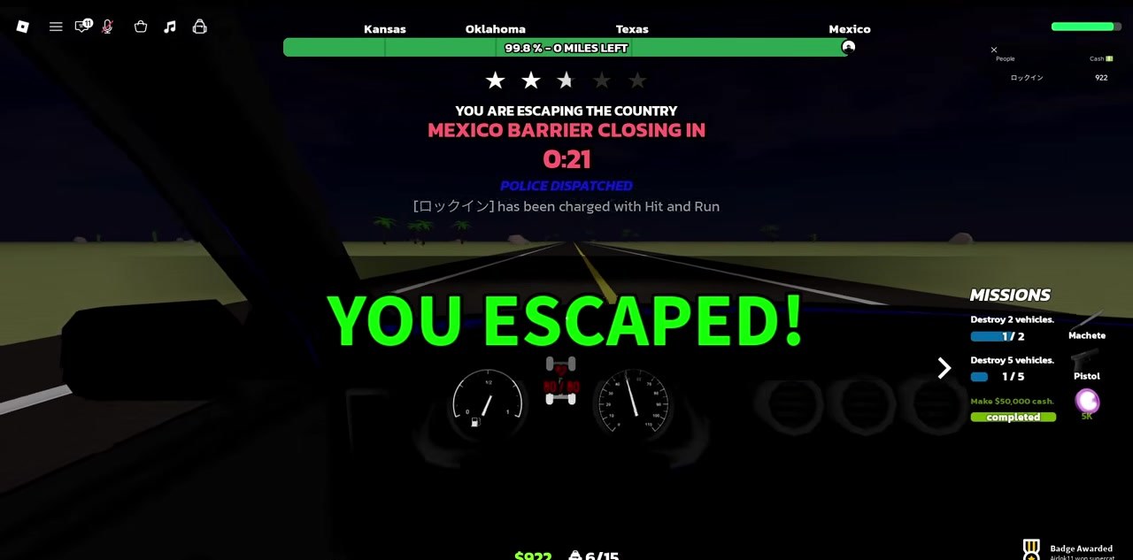 YOU ESCAPED toast with International Fugitive badge while Mexico barrier closing timer still shows