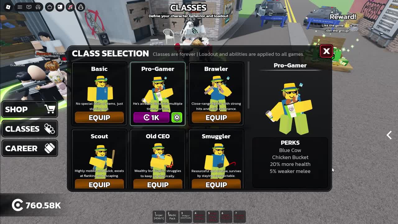 CLASS SELECTION UI with Pro-Gamer selected showing Credz price and perk rows