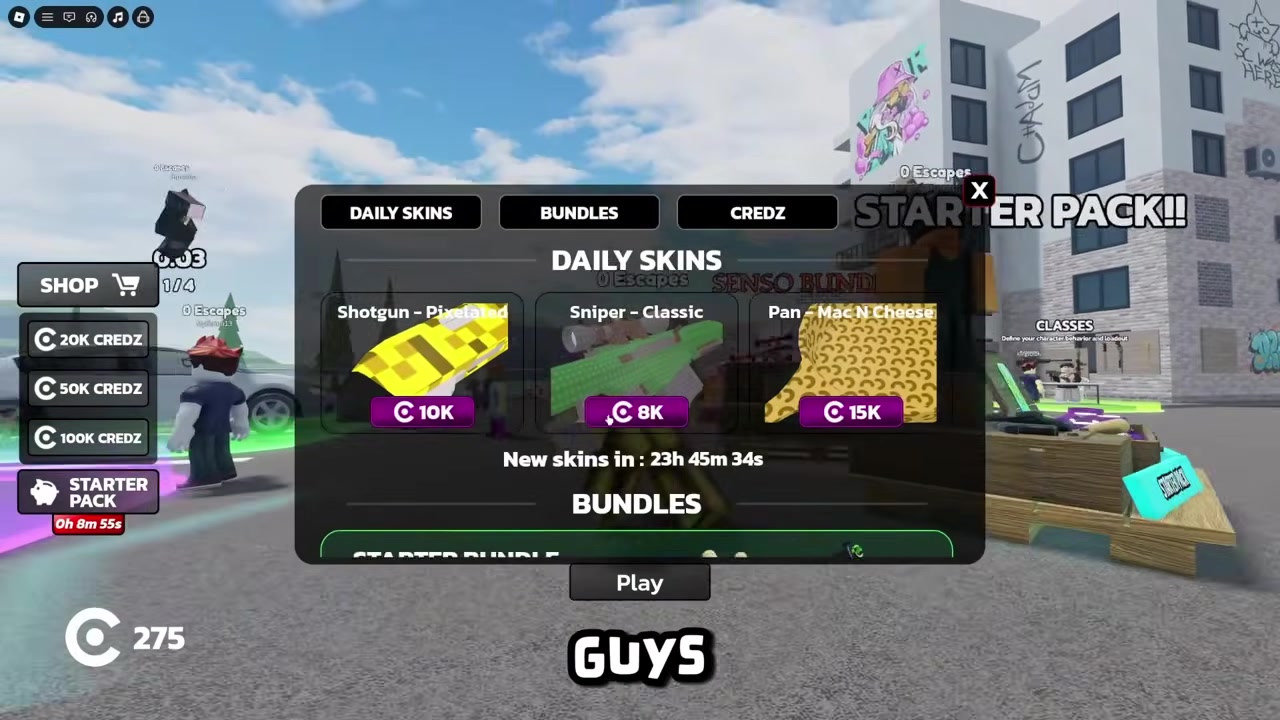Lobby Shop panel open with DAILY SKINS, BUNDLES, and CREDZ tabs and left Shop Credz offers