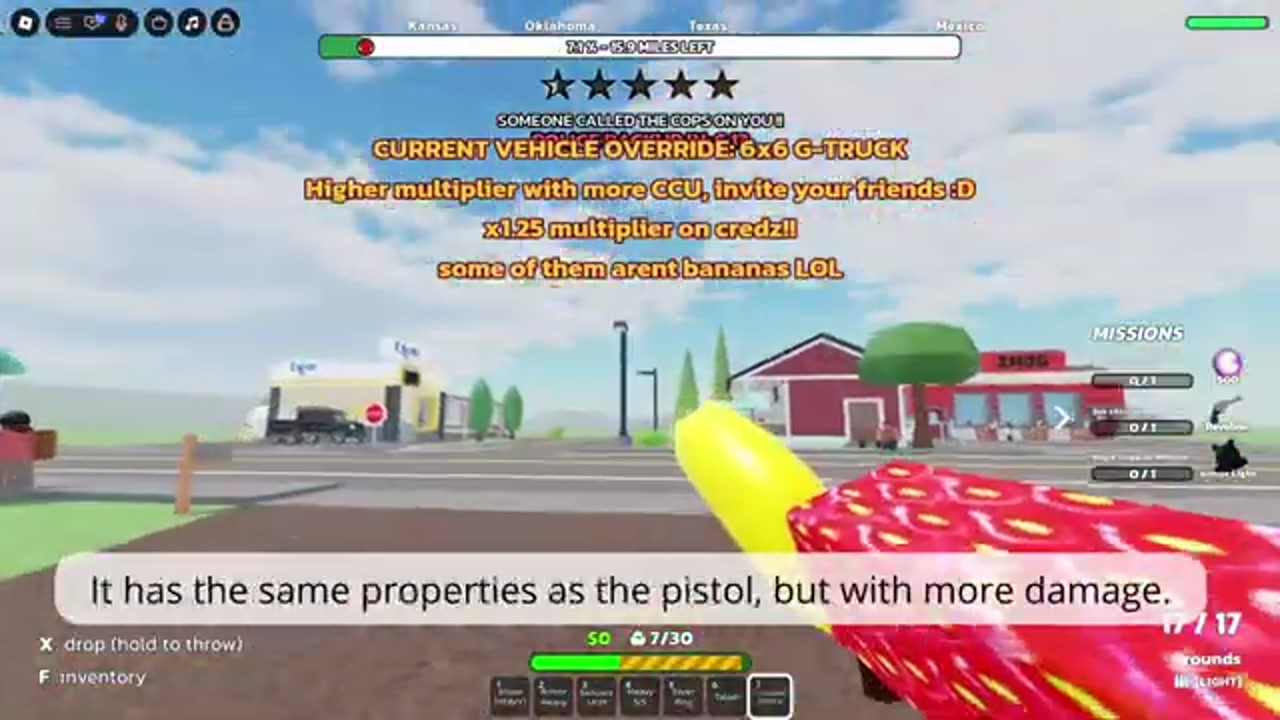 Orange admin broadcasts including vehicle override and Credz multiplier during a run