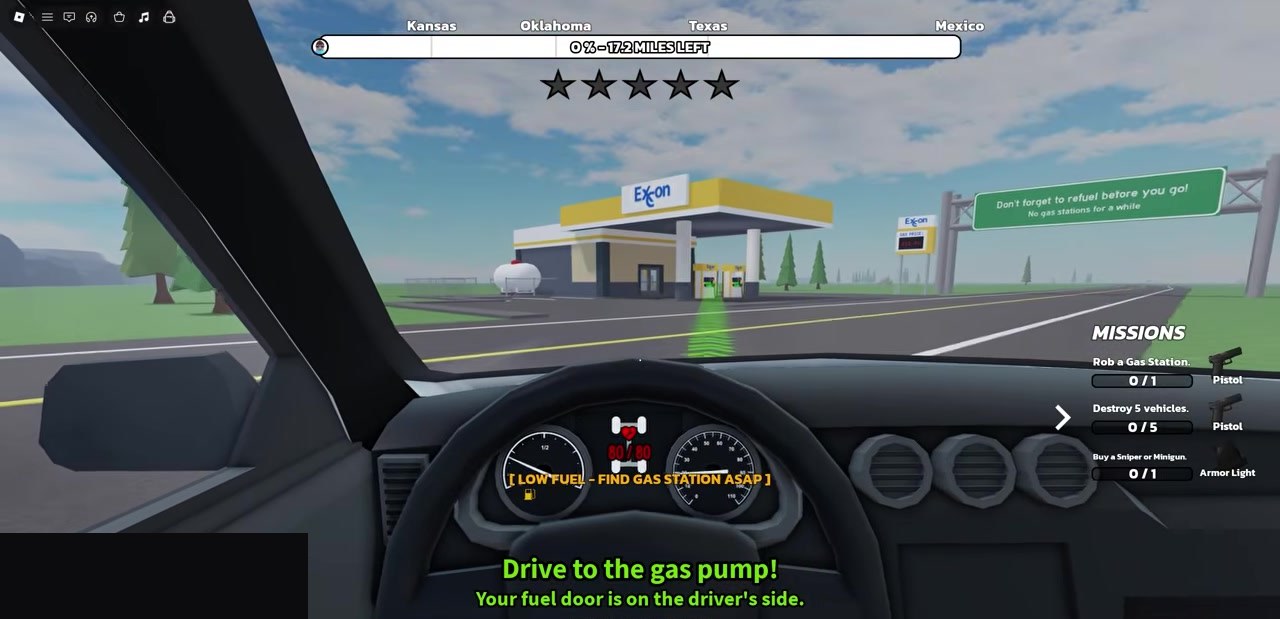 LOW FUEL warning with Exon station ahead and green path to the pump
