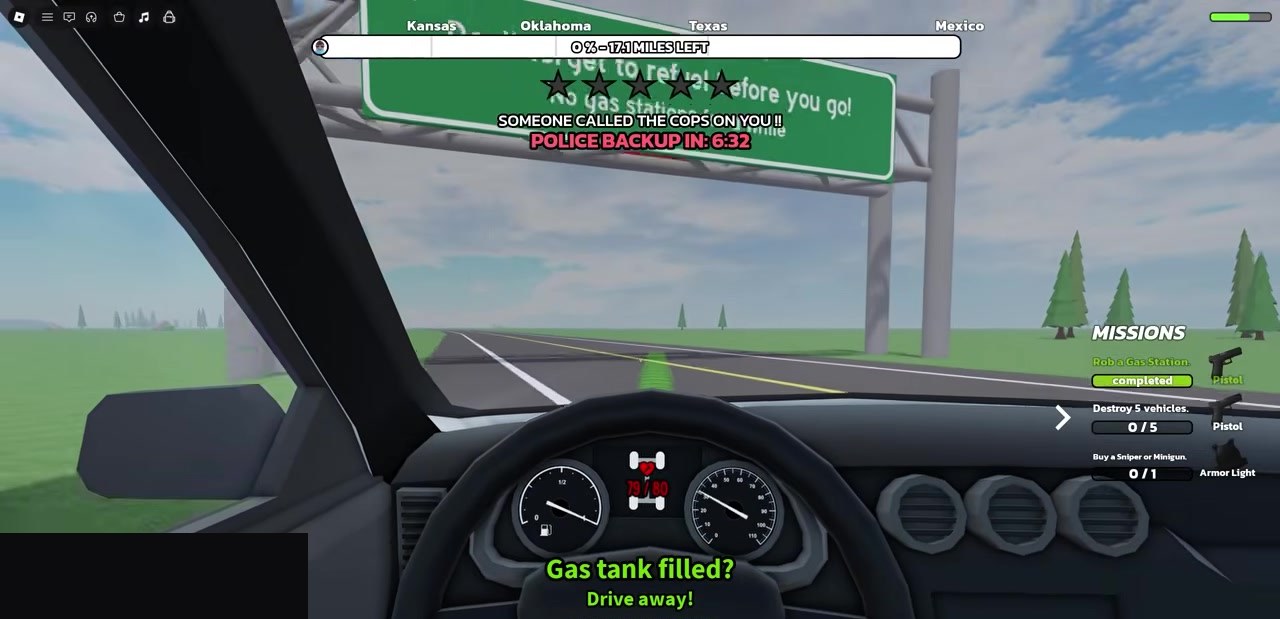 In-car dash showing vehicle health heart and fuel gauge on the highway