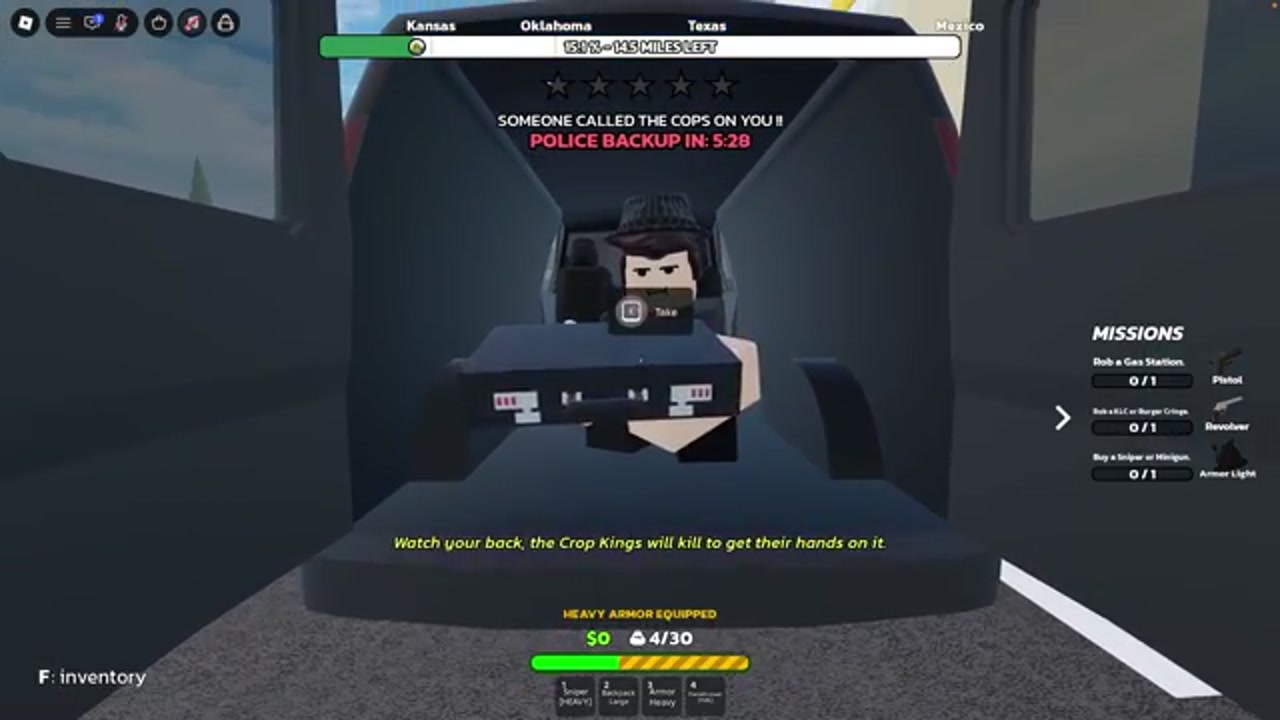 Fedora NPC in black van offering briefcase with E Take prompt and Crop Kings warning