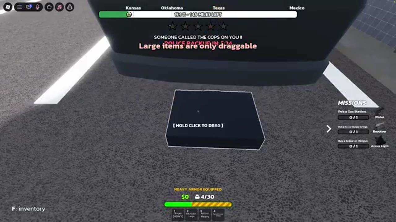 Hold click to drag prompt on smuggling briefcase behind a car