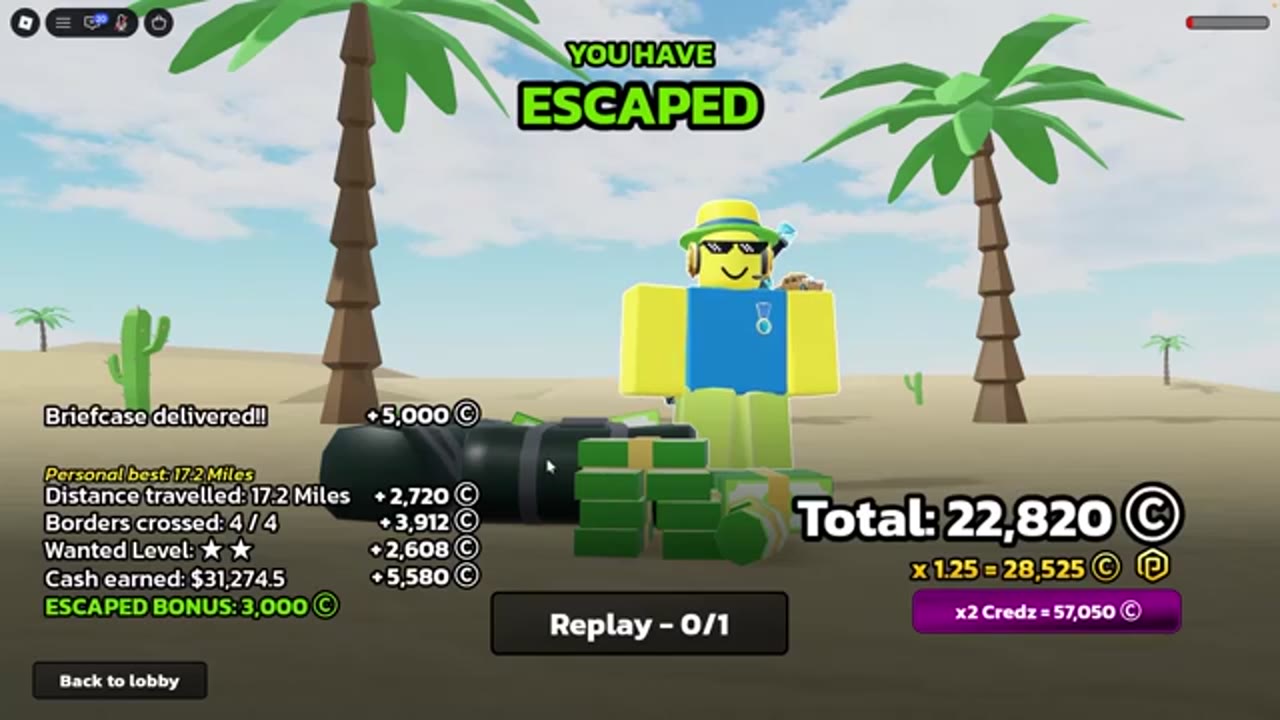 YOU HAVE ESCAPED results showing Briefcase delivered plus 5000 Credz