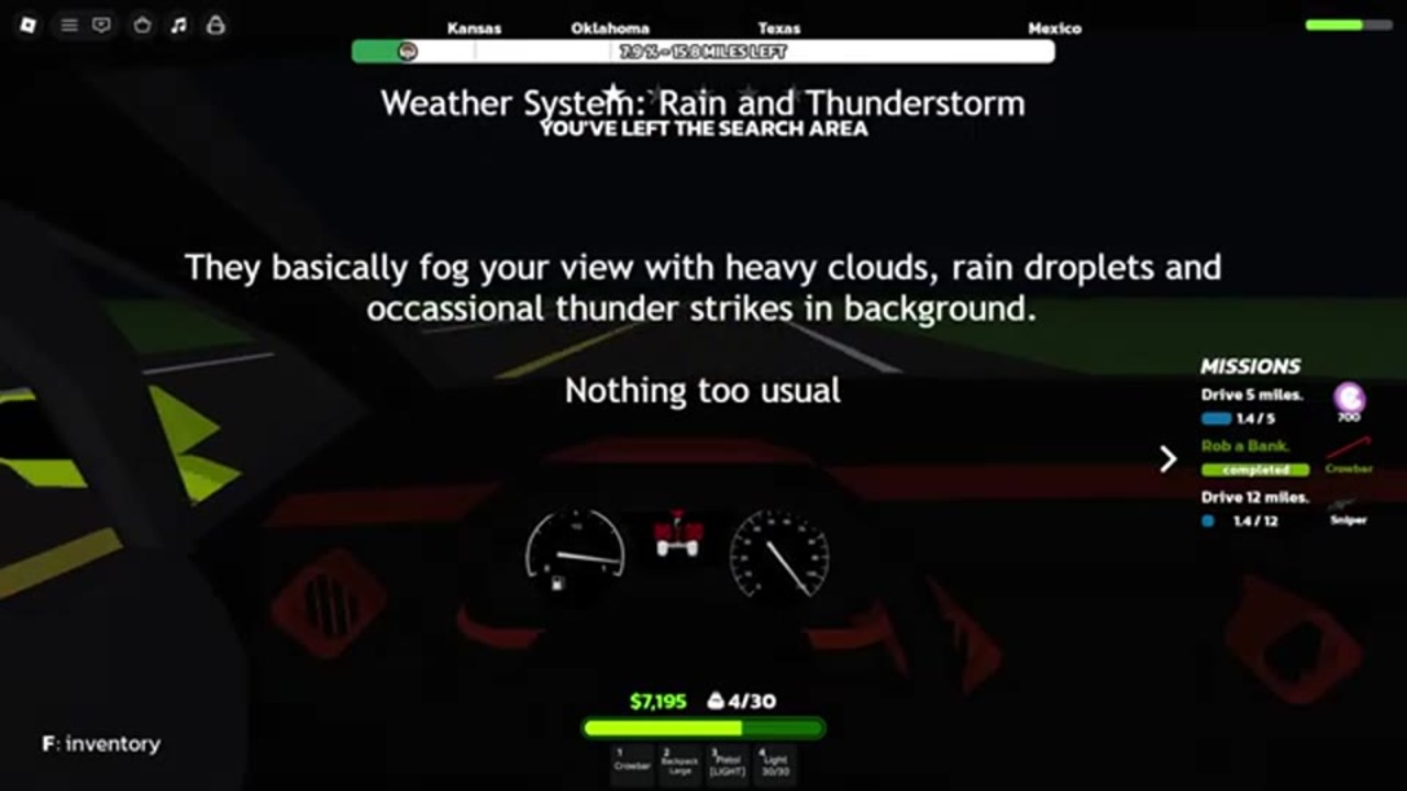RUNAWAYS car interior under rain and thunderstorm weather with reduced visibility