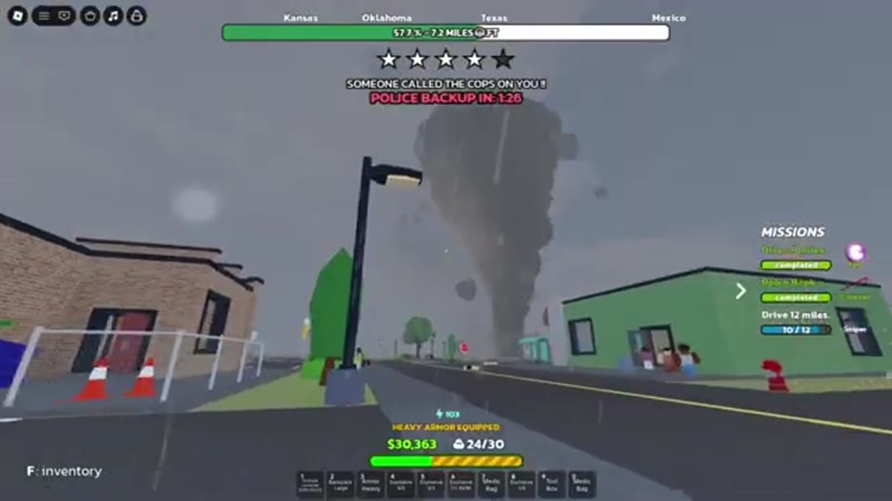 Tornado funnel on a RUNAWAYS town street with rain and dark sky
