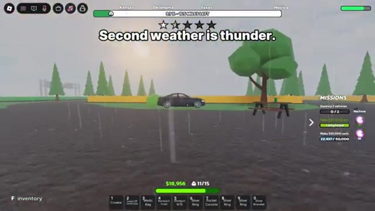 Thunder weather with thick fog and rain streaks near parked cars