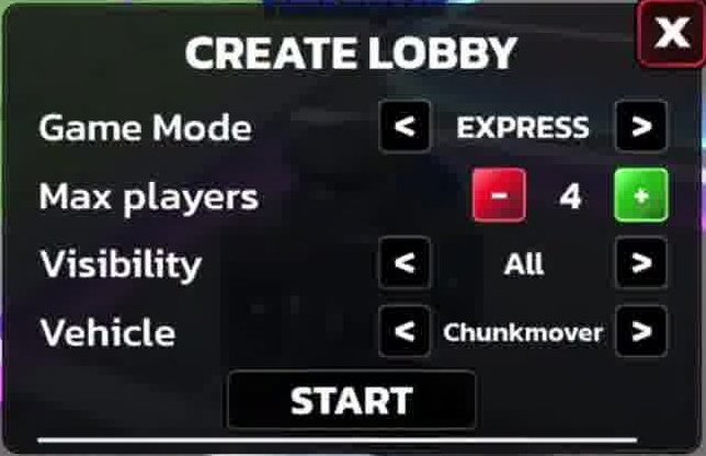 RUNAWAYS CREATE LOBBY panel with Game Mode set to EXPRESS, Max players 4, Visibility All and Vehicle Chunkmover