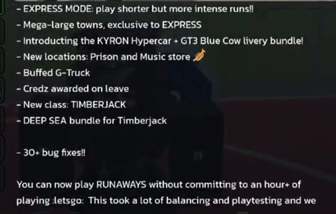 RUNAWAYS in-game update log listing Express Mode, Mega-large towns exclusive to Express, the Kyron Hypercar + GT3 Blue Cow livery bundle, Prison and Music store, buffed G-Truck, Credz awarded on leave, new class Timberjack, Deep Sea bundle for Timberjack and 30+ bug fixes