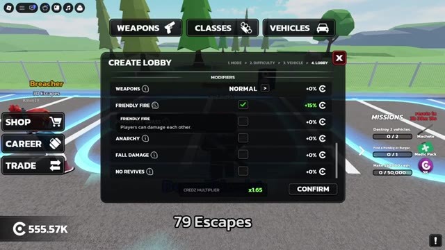 RUNAWAYS UPDATE 8 modifier list with Friendly Fire ticked at +15% and Anarchy, Fall Damage and No Revives rows below it