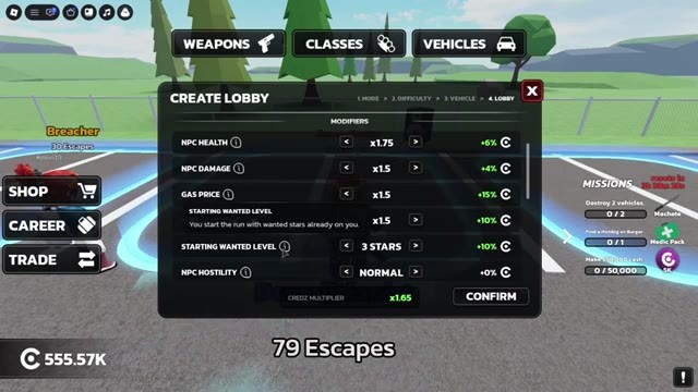 RUNAWAYS UPDATE 8 modifier list showing NPC Health x1.75 +6%, NPC Damage x1.5 +4% and Gas Price x1.5 +15% with Starting Wanted Level 3 STARS +10% and CREDZ MULTIPLIER x1.65