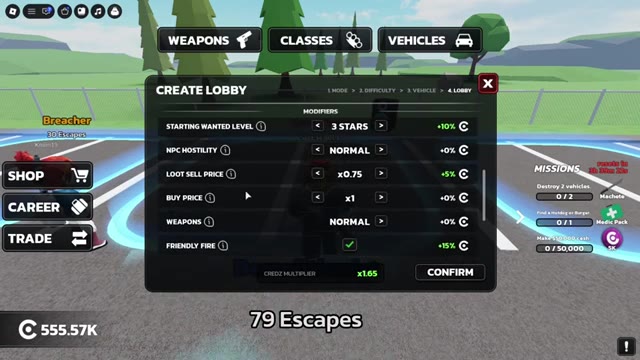 RUNAWAYS UPDATE 8 modifier list showing Starting Wanted Level 3 STARS +10%, NPC Hostility Normal, Loot Sell Price x0.75 +5%, Buy Price x1, Weapons Normal and Friendly Fire ticked +15%